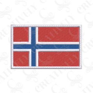 May include: A rectangular embroidered patch featuring the flag of Norway. The design consists of a red background with a blue horizontal and vertical cross outlined in white. The entire patch is bordered by a white stitched edge on a fabric base.
