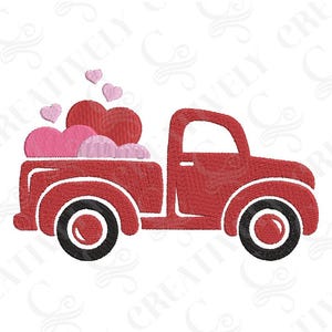 May include: A red vintage pickup truck with a bed full of pink and red hearts. The truck has black wheels and a white outline.