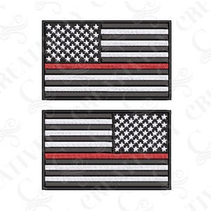 May include: Two embroidered patches featuring the American flag with a black and white design and a red stripe. The patches have a rectangular shape and are likely for application on clothing or gear.