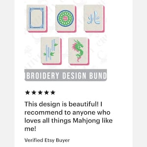 May include: An embroidery design bundle featuring five Mahjong tile designs. Each tile has a white background with colorful embroidered details and a pink border. The text "BROIDERY DESIGN BUND" is visible.
