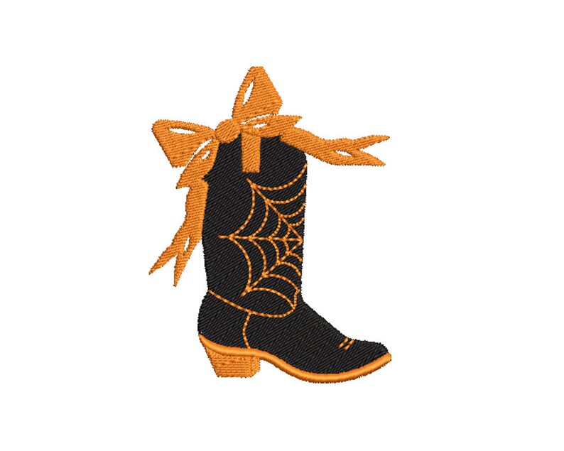 Puede incluir: Bota vaquera negra con un lazo naranja y un dise&ntilde;o de telara&ntilde;a.