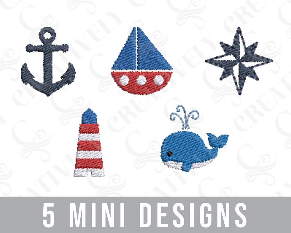 Sailboat Nautical Cruise Mini Embroidery Design Bundle, 5 Nautical Sailing Machine Embroidery Design Bundle, Nautical Baby Design for Bow