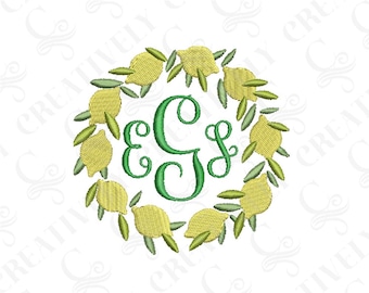Lemon Wreath Monogram Frame Machine Embroidery Design, 3 Sizes, Botanical Monogram, Hostess Gift