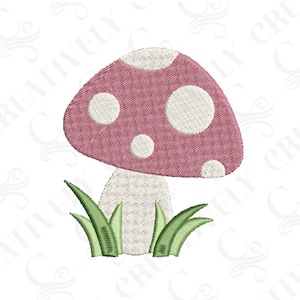 May include: A pink mushroom with white polka dots and green grass at the base.