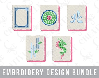 Mahjong Tiles Machine Embroidery Design Bundle, 5 Designs, Bam, Crack, Dot, Dragon, Bamboo, Mahjong Cocktail Napkin Designs, Chinoiserie