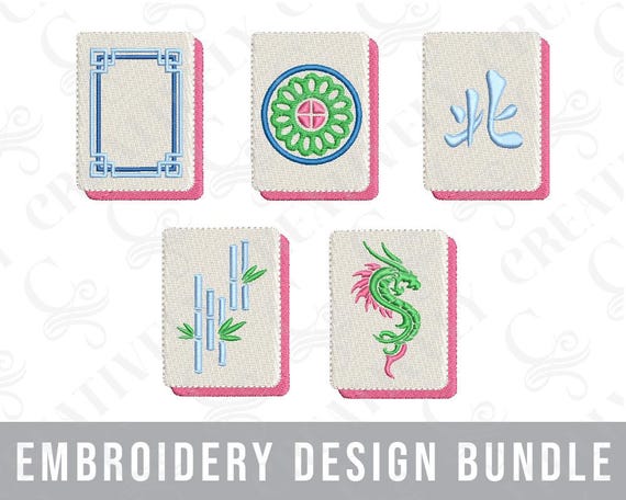 Mahjong Tiles Machine Embroidery Design Bundle, 5 Designs, Bam, Crack, Dot, Dragon, Bamboo, Mahjong Cocktail Napkin Designs, Chinoiserie
