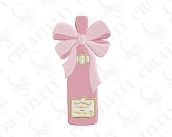 Pink Champagne Coquette Bow Embroidery Design, 4 Sizes, Champagne Bottle with Bow, Baby Shower Bachelorette New Year's Eve Gift
