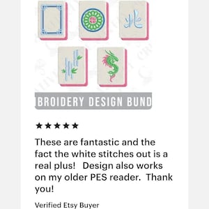 May include: An image of five embroidered Mahjong tile designs. The tiles feature various designs in blue, green, and pink, including a bamboo, a dragon, and a floral pattern. The text "BROIDERY DESIGN BUND" is visible.