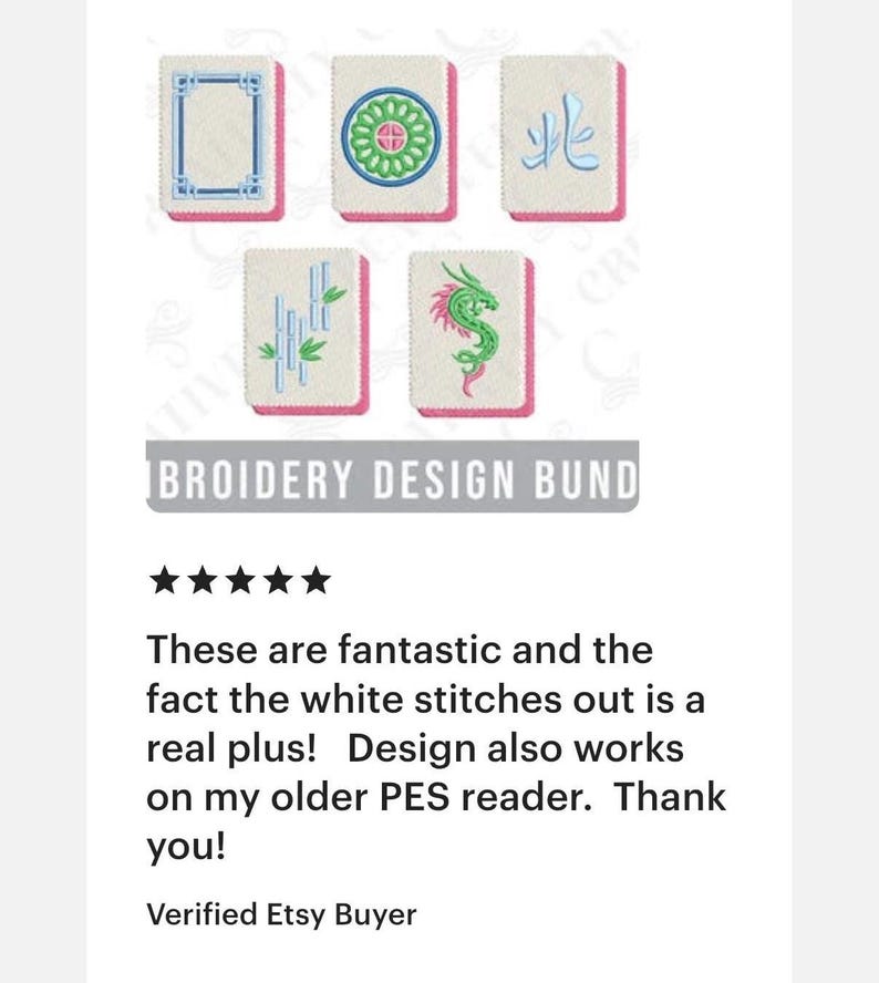 May include: An image of five embroidered Mahjong tile designs. The tiles feature various designs in blue, green, and pink, including a bamboo, a dragon, and a floral pattern. The text "BROIDERY DESIGN BUND" is visible.