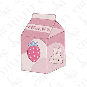 Lot de motifs de broderie Machine kawaii au lait aux fraises, 4 tailles, joli motif kawaii au lait aux fraises pour sweat-shirt pour chemise