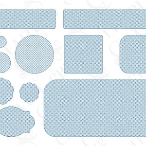 May include: A collection of various shapes in a light blue color, including rectangles, circles, squares, and decorative shapes. Each shape has a crosshatch pattern, creating a textured appearance. The shapes vary in size and design, suitable for crafting or design projects.