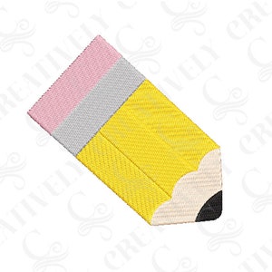 May include: A yellow pencil with a pink eraser and a gray lead. The pencil is drawn in a cartoon style.