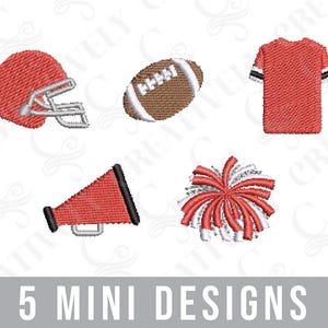 May include: A collection of five mini designs featuring sports-themed elements. Includes a red football helmet, a brown and white football, a red jersey with black and white stripes, a red megaphone, and red and white pom-poms. The text "5 MINI DESIGNS" is at the bottom.