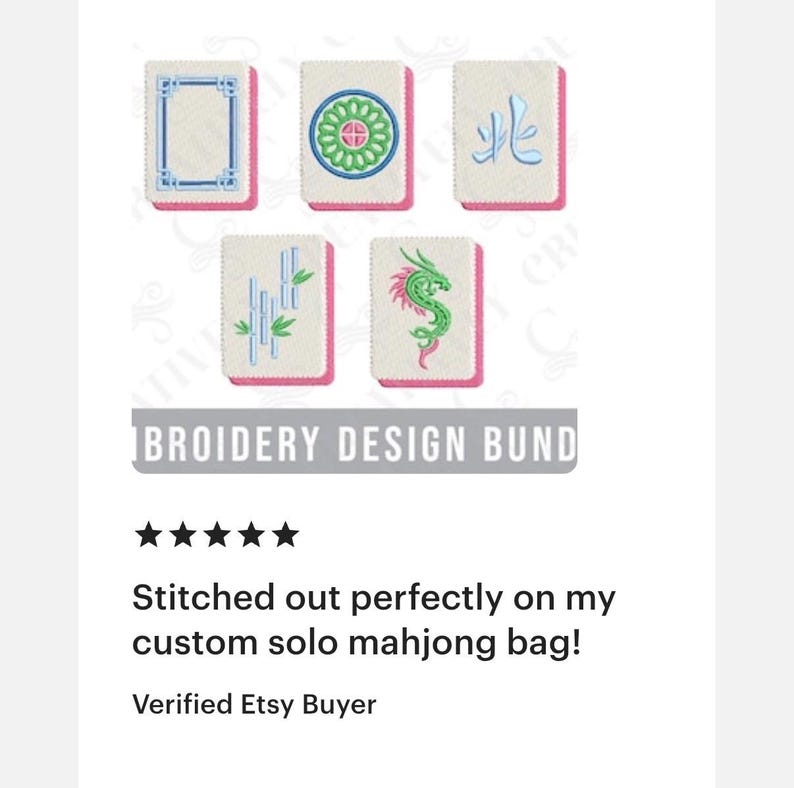 May include: An embroidery design bundle featuring five Mahjong tiles with various designs. The tiles have a white background with pink borders and include blue, green, and pink embroidered details. The text "BROIDERY DESIGN BUND" is visible.