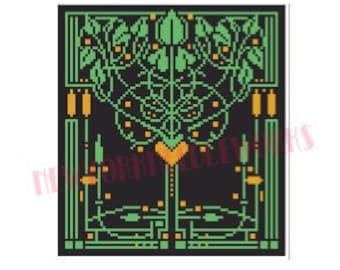 May include: A green, orange, and black art nouveau design with a stylized tree and geometric patterns.