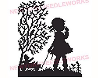 Vintage Girl With Wagon Cross Stitch Girl With Wagon Silhouette Crosss Stitch Children Silhouettes Child Cross Stitch Silhouettes
