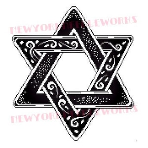 May include: A black and white Star of David with intricate floral designs.