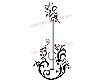 May include: A black and white line art illustration of a guitar with floral designs. The guitar has a long neck and a rounded body.