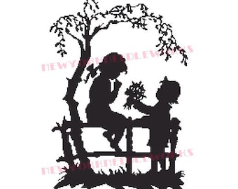 Vintage Boy and Girl Vintage Silhouette Cross Stitch Silhouette Children Cross Stitch Vintage Cross Stitch Children Flowers Pattern