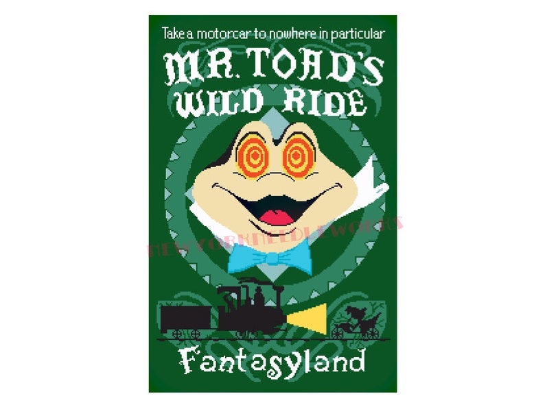 May include: A green poster with a cartoon frog with red eyes and a bow tie. The poster says "Mr. Toad's Wild Ride" and "Fantasyland".