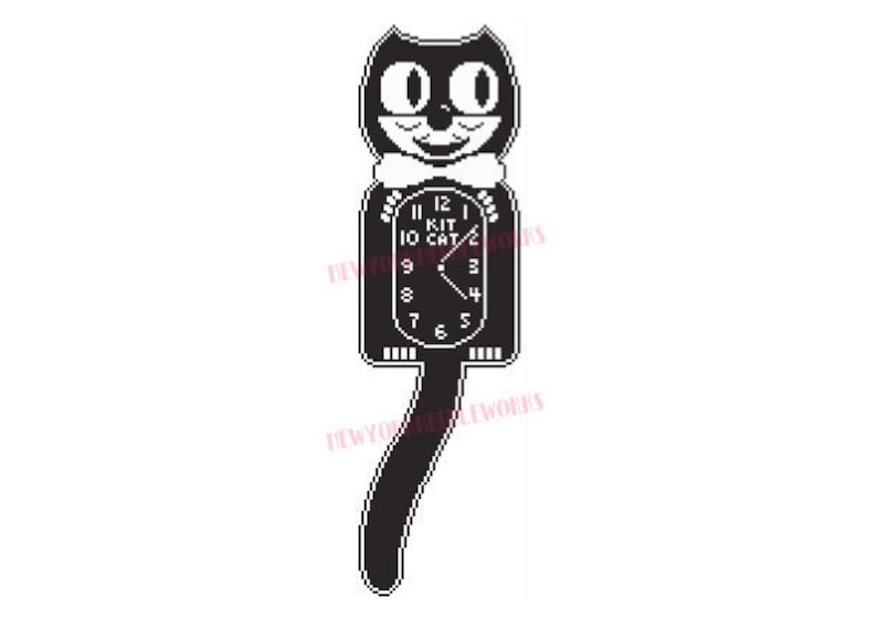 May include: Black and white clock shaped like a cat with a long tail. The clock face reads "KIT 10 CAT".