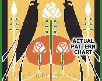 May include: A digital cross stitch pattern featuring two black birds facing each other with a white rose in between them. The background is a yellow-gold color with green accents.