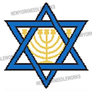 May include: A blue pixelated Star of David with a gold menorah at its centre. The image is set against a white background, with the text "NEWYORKNEEDLEWORKS" repeated around the edges.