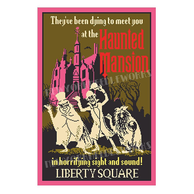 May include: A vintage-style poster advertising the Haunted Mansion ride at Disney World. The poster features a cartoon image of the mansion with three ghosts and a dog in front of it. The text on the poster reads "They've been dying to meet you at the Haunted Mansion in horrifying sight and sound! Liberty Square."