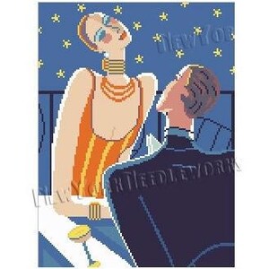 May include: A cross-stitch pattern depicts a stylized art deco scene. A woman in an orange dress and a man in a dark suit are looking up. The background is dark blue with yellow stars. The text "New York" and "Needlework" are visible.