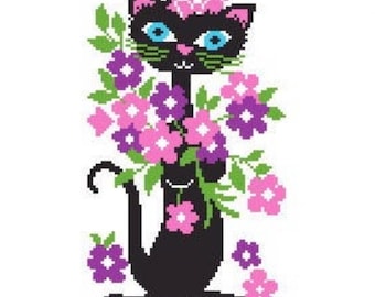 Retro Cat Cross Stitch, 1970s Cross Stitch Cat, Cats Cross Stitch, Retro Cat Silhouette, Cat Pattern
