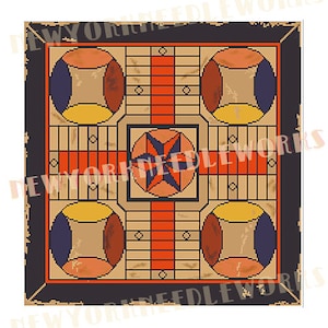 Puede incluir: Un tablero de juego de damas de estilo vintage con una estrella roja y naranja en el centro. El tablero está hecho de madera y tiene un aspecto desgastado. El tablero está rodeado por un marco negro.