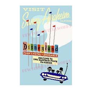 May include: A vintage travel poster advertising a visit to Disneyland in Anaheim, California. The poster features a blue sky with white clouds, a blue car with three people inside, and a sign that reads "Disneyland Park & Hotel Entrance. Welcome to the Happiest Place on Earth."