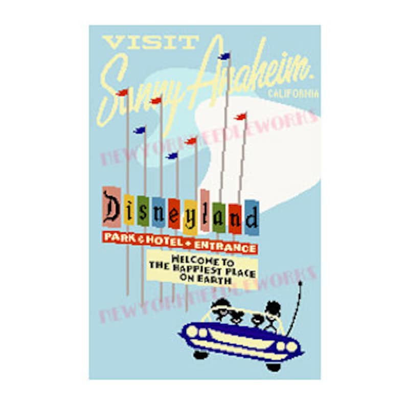 May include: A vintage travel poster advertising a visit to Disneyland in Anaheim, California. The poster features a blue sky with white clouds, a blue car with three people inside, and a sign that reads "Disneyland Park & Hotel Entrance. Welcome to the Happiest Place on Earth."
