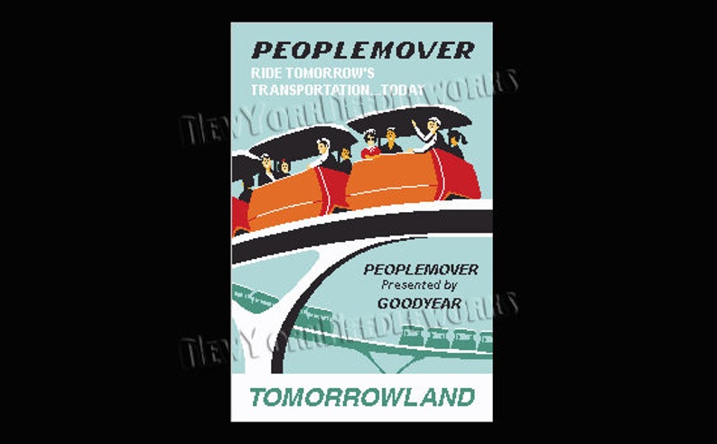 May include: A vintage poster advertising the Peoplemover ride at Tomorrowland. The poster features a futuristic-looking vehicle with passengers, a blue and green background, and the text "Peoplemover, Ride Tomorrow's Transportation Today, Presented by Goodyear, Tomorrowland".