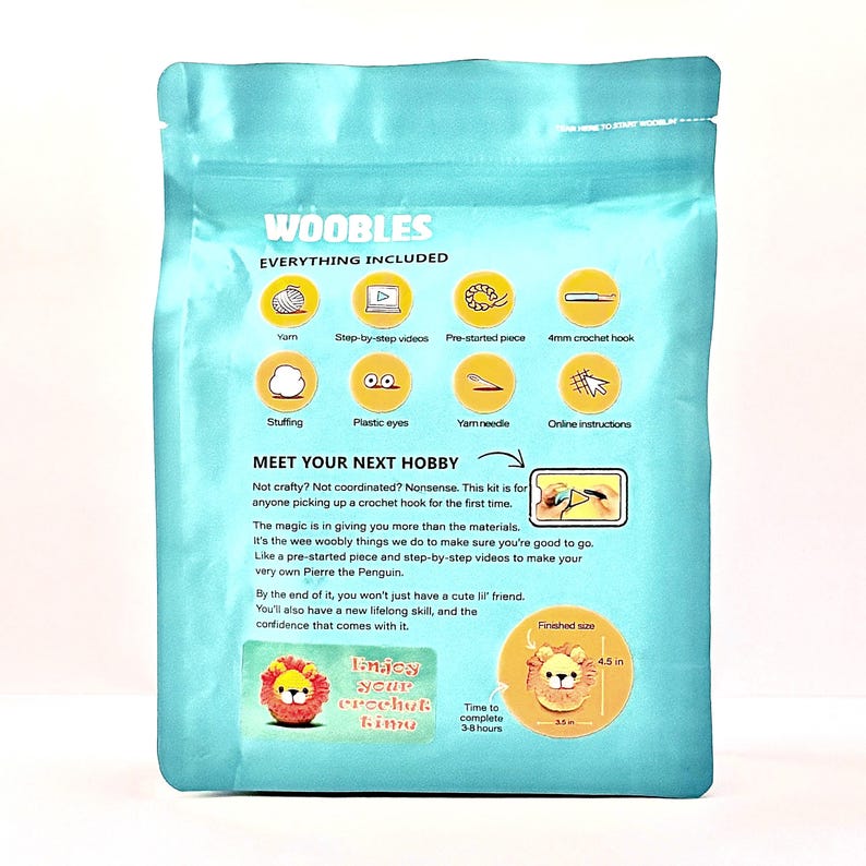 May include: A teal package labeled "WOOBLES" contains a crochet kit. The package lists included items: yarn, step-by-step videos, a pre-started piece, a 4mm crochet hook, stuffing, plastic eyes, a yarn needle, and online instructions. The finished size is 4.5 inches.