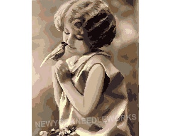 Vintage Girl With Bird Cross Stitch Vintage Girl Cross Stitch Child Cross Stitch Vintage Child Cross Stitch