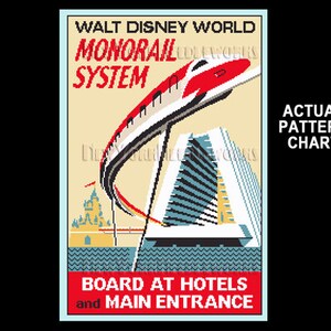 May include: A vintage-style poster advertising the Walt Disney World Monorail System. The poster features a red and white monorail train traveling over a futuristic building. The text on the poster reads "Walt Disney World Monorail System", "Actual Pattern Chart", and "Board at Hotels and Main Entrance".