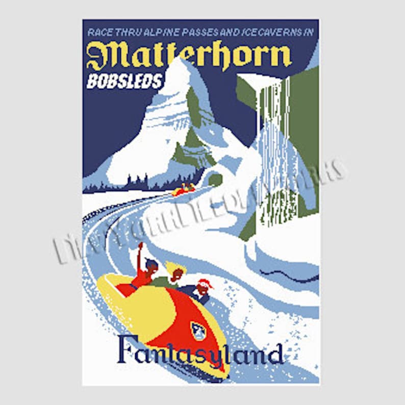 May include: A vintage travel poster advertising a bobsled ride in the Matterhorn mountains. The poster features a blue sky, a snowy mountain peak, a waterfall, and a bobsled with two people riding down a winding track. The text on the poster reads "Race thru alpine passes and ice caverns in Matterhorn Bobsleds Fantasyland."