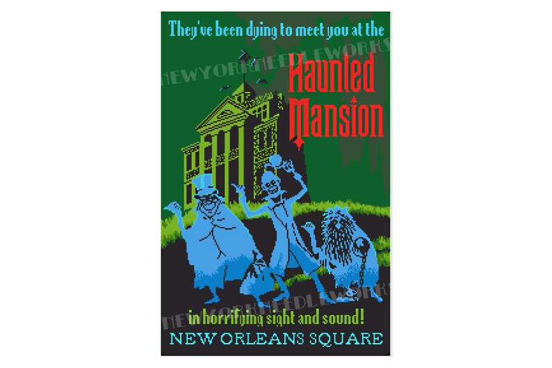 May include: A vintage-style poster advertising the Haunted Mansion attraction at Disney World. The poster features a green background with a large, yellow mansion in the background. Three ghostly figures are in the foreground, including a ghost with a top hat, a ghost with a long, flowing gown, and a ghost with a chain and a ball. The text on the poster reads "They've been dying to meet you at the Haunted Mansion in horrifying sight and sound! New Orleans Square."