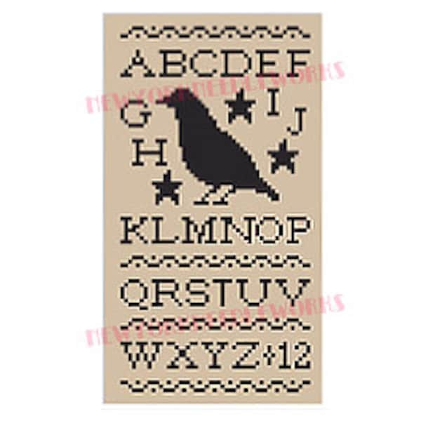 Small Crow Sampler, Primitive Crow Sampler Cross Stitch, Small Sampler Cross Stitch, Country Cross Stitch, Crows