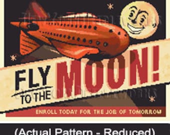 Retro Cross Stitch, Fly to the Moon, Moon Cross Stitch Pattern, Space Pattern, Cross Stitch, Patterns from NewYorkNeedleworks on Etsy