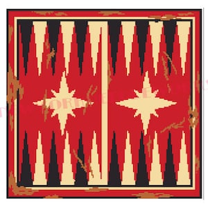 May include: A red, black and cream backgammon board with a distressed wood frame. The board has two stars in the centre.
