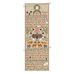 May include: A cross-stitch pattern featuring a beige background with a brown ark, animals, and text from the Bible. The text reads "Genesis 6-7" and "And God said unto Noah, 'make thee an ark with: window above and door set in the side thereof.' Shem Ham Japheth And of every living thing bring into the ark two of every sort, male and female and fowls of the air take to thee by sevens!' And Noah did according unto all that the Lord commanded him.  牛牛牛牛牛牛"