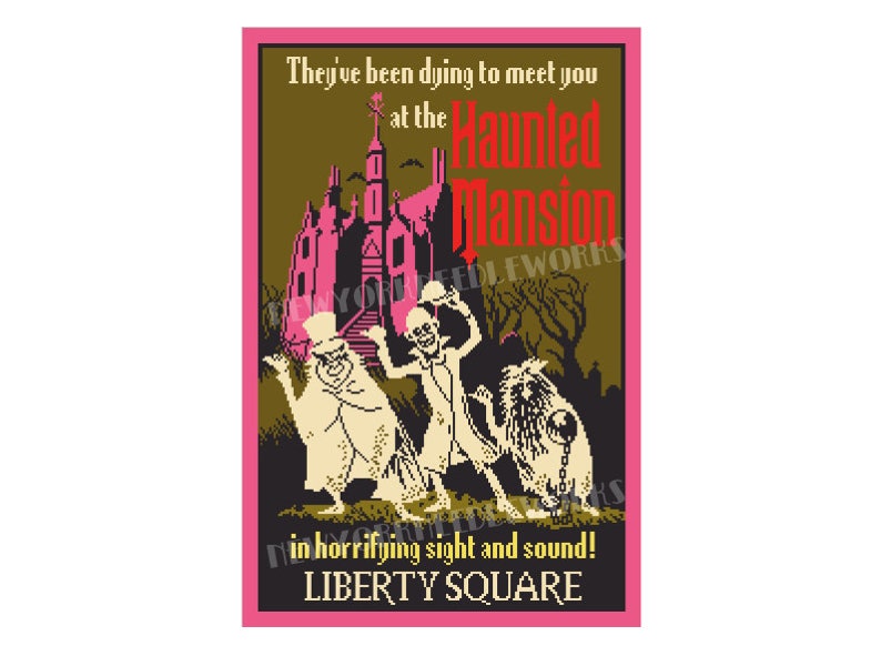 May include: A vintage-style poster advertising the Haunted Mansion attraction at Liberty Square. The poster features a spooky, cartoon-style illustration of a haunted house with three ghosts and a dog.