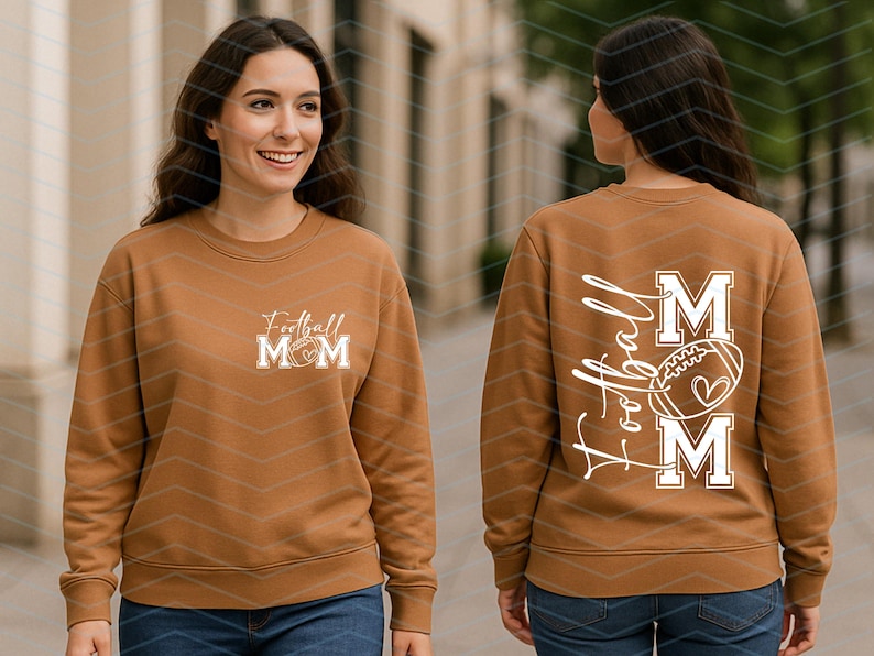 May include: A brown sweatshirt with the text "Football Mom" and a football graphic on the front. The back of the sweatshirt features the words "Football Mom" in a script font, with a football graphic and the letters "M" on either side.