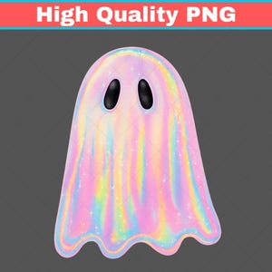 Puede incluir: Ilustraci&oacute;n caprichosa de un fantasma con una s&aacute;bana fluida. El fantasma est&aacute; representado en una paleta de colores iridiscentes vibrantes con vetas rosas, amarillas y azules. El fantasma tiene dos ojos negros ovalados. El texto "High Quality PNG" est&aacute; arriba.