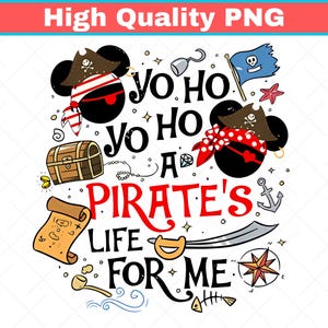 Puede incluir: Un gráfico colorido con el texto "Yo Ho Ho, A Pirate's Life For Me". El diseño incluye elementos temáticos de piratas como un cofre del tesoro, una bandera pirata, una espada y sombreros de pirata. La imagen es un PNG de alta calidad.