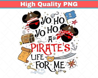 May include: A colorful graphic with the text "Yo Ho Ho, A Pirate's Life For Me." The design includes pirate-themed elements like a treasure chest, a pirate flag, a sword, and pirate hats. The image is a high-quality PNG.