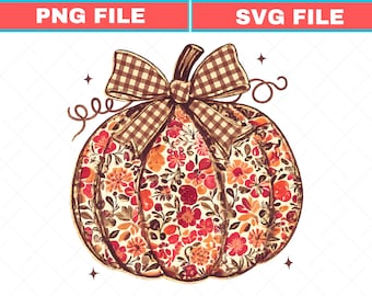 Floral Pumpkin SVG Design: Gingham Bow Autumn Clipart (Digital Download)