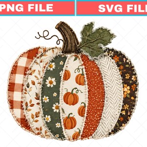 May include: A pumpkin graphic composed of vertical fabric-like segments featuring various patterns including orange buffalo plaid, autumn leaves, white daisies on dark green, small orange pumpkins on cream, and floral prints with a brown stem.